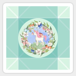 Butterfly Kisses - Cute baby Unicorn, flowers and butterflies, Green pattern surround Sticker